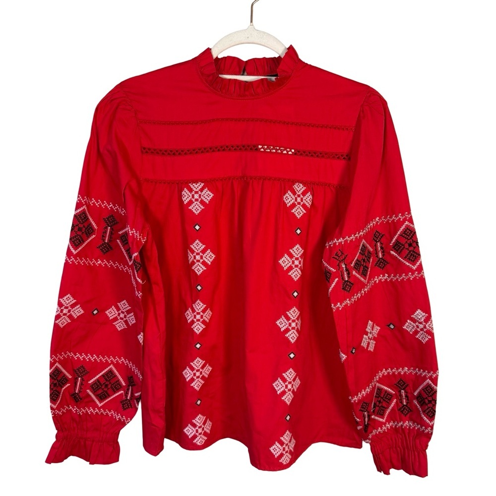BBWM Red Embroidered Blouse Top Size L Floral Festival Cottagecore Romantic